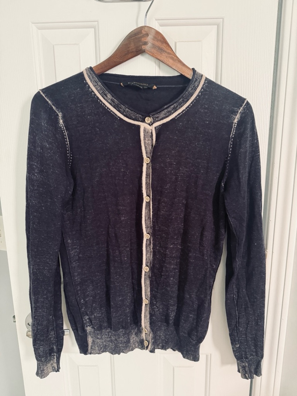 BCBG MaxAzria Navy Crewneck Button-Front Cardigan with Cream Trim